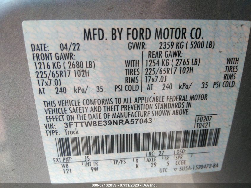 2022 FORD MAVERICK XL/XLT/LARIAT - 3FTTW8E39NRA57043