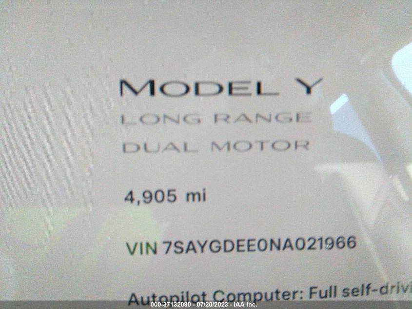 2022 TESLA MODEL Y LONG RANGE - 7SAYGDEE0NA021966