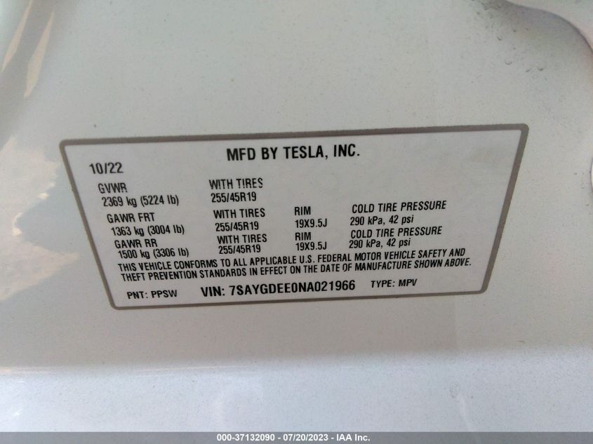 2022 TESLA MODEL Y LONG RANGE - 7SAYGDEE0NA021966