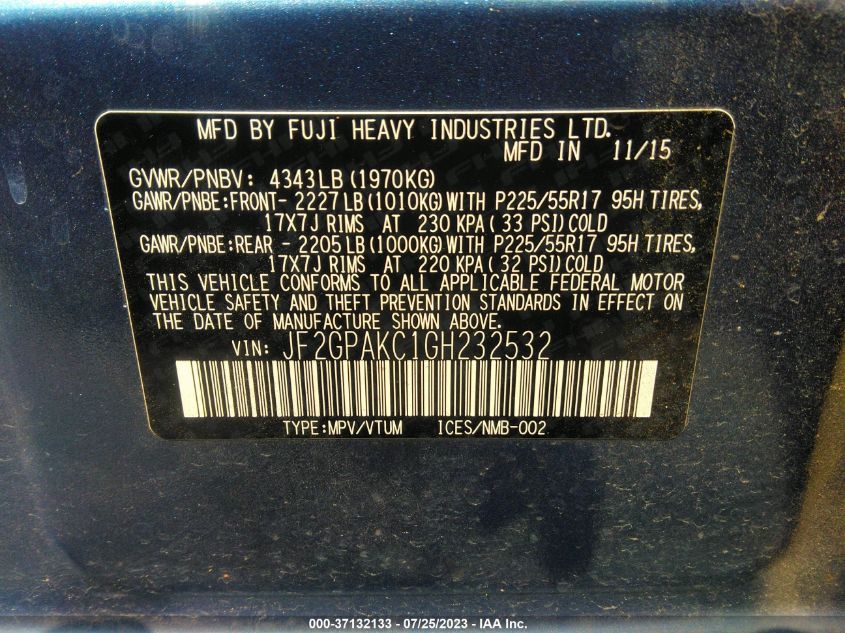 2016 SUBARU CROSSTREK LIMITED - JF2GPAKC1GH232532
