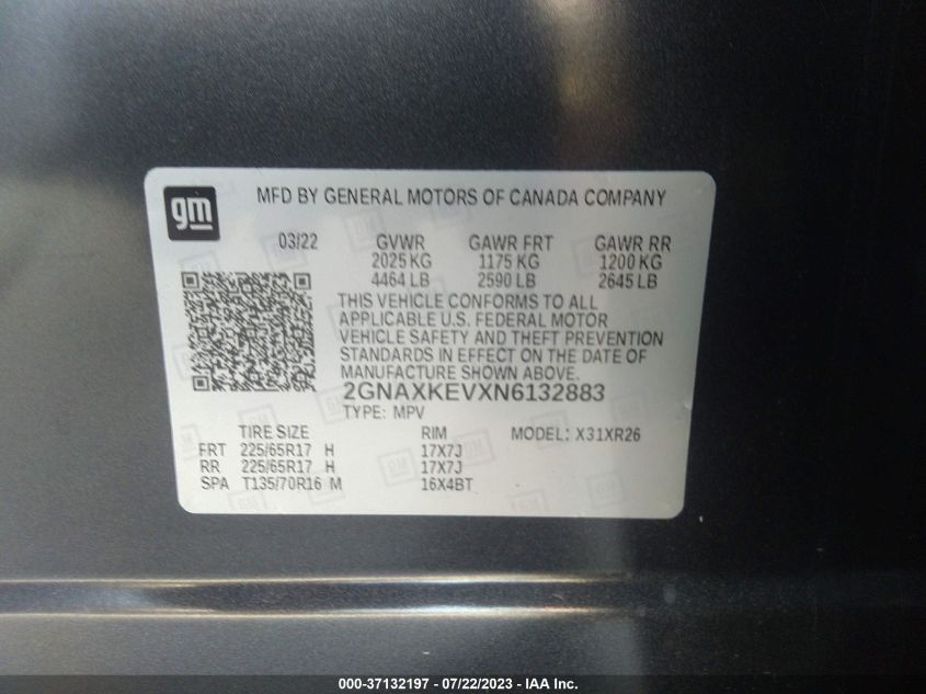 2022 CHEVROLET EQUINOX LT - 2GNAXKEVXN6132883