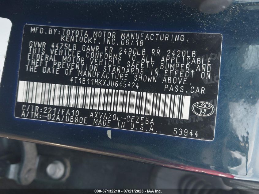 2018 TOYOTA CAMRY LE/SE/XLE/L - 4T1B11HKXJU645424