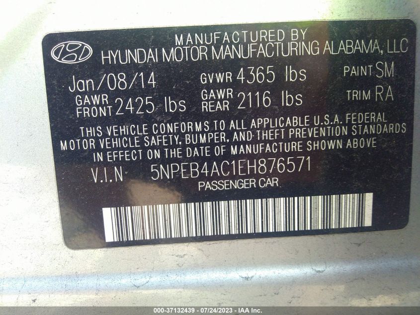 2014 HYUNDAI SONATA GLS - 5NPEB4AC1EH876571