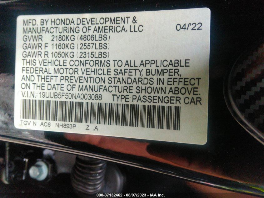 2022 ACURA TLX TECH A - 19UUB5F50NA003088