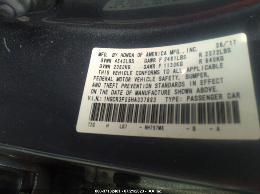 2017 HONDA ACCORD SEDAN EX-L V6 - 1HGCR3F05HA037693