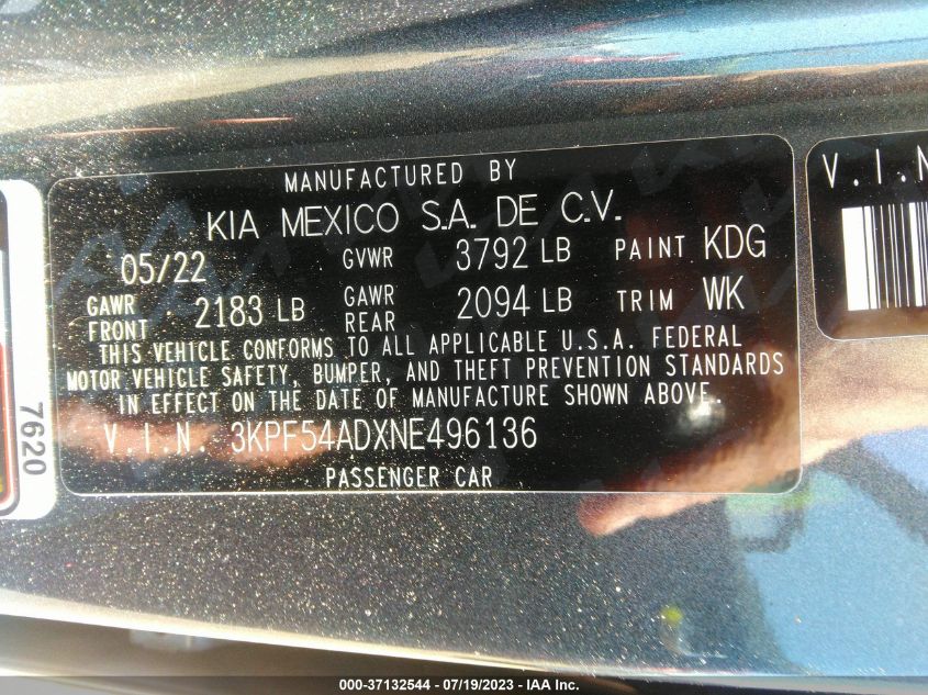 2022 KIA FORTE GT-LINE - 3KPF54ADXNE496136