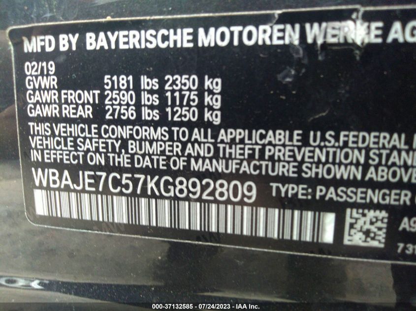 2019 BMW 5 SERIES 540I XDRIVE - WBAJE7C57KG892809