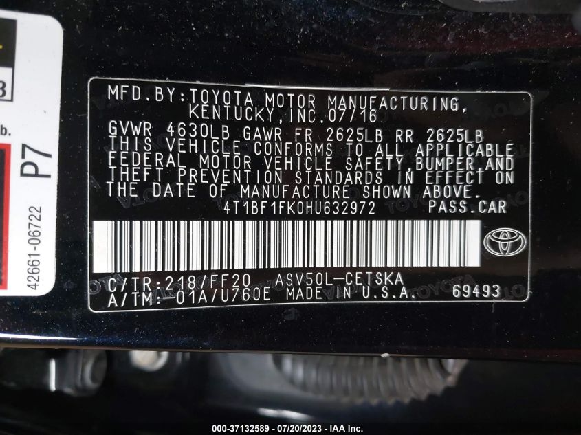 2017 TOYOTA CAMRY XLE/SE/LE/XSE - 4T1BF1FK0HU632972
