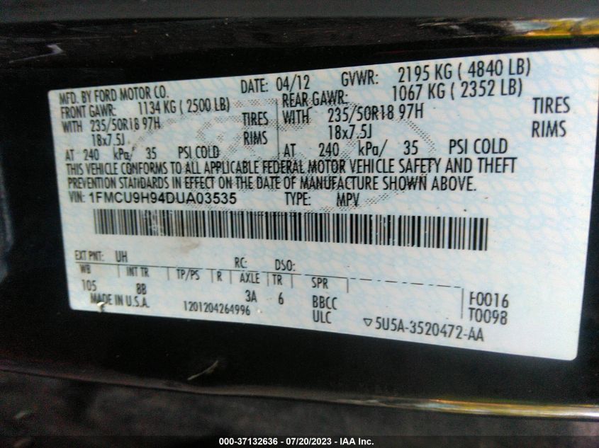 2013 FORD ESCAPE SEL - 1FMCU9H94DUA03535