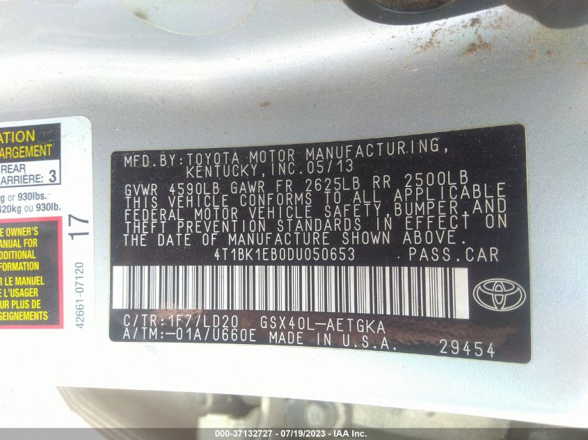 2013 TOYOTA AVALON XLE/LIMITED - 4T1BK1EB0DU050653