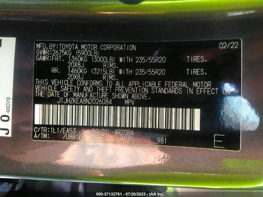 2022 LEXUS RX RX 350L - JTJHZKEA8N2026084