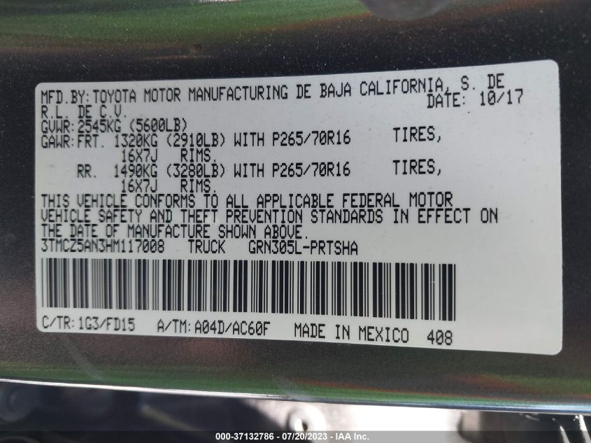 2017 TOYOTA TACOMA DBL CAB/SR/TRDSPT/OR/PRO - 3TMCZ5AN3HM117008