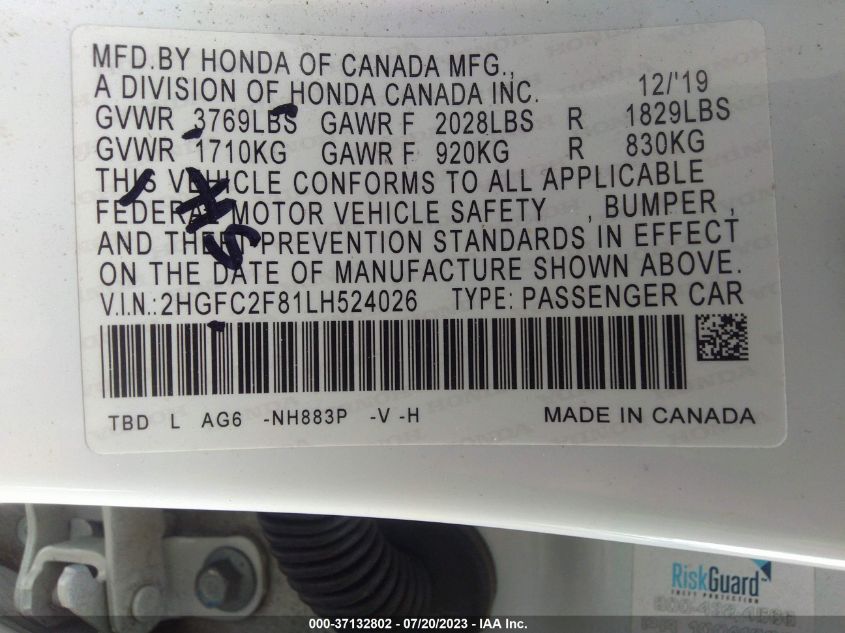 2020 HONDA CIVIC SEDAN SPORT - 2HGFC2F81LH524026