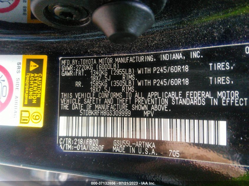 2016 TOYOTA HIGHLANDER LE - 5TDBKRFH8GS309999