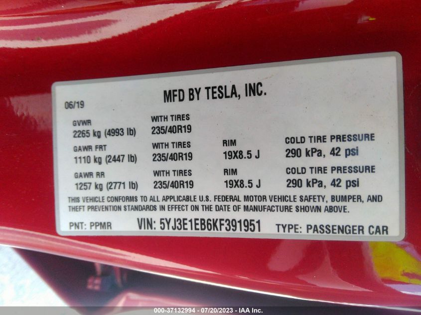 2019 TESLA MODEL 3 LONG RANGE/PERFORMANCE - 5YJ3E1EB6KF391951