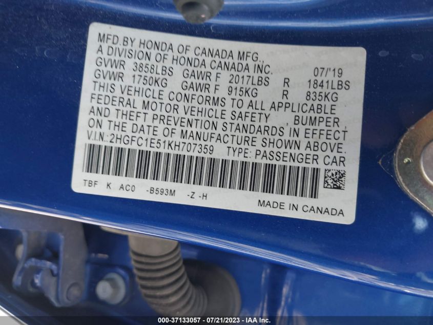 2019 HONDA CIVIC SI SEDAN 2HGFC1E51KH707359