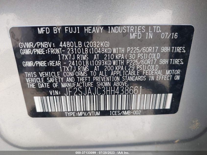 2017 SUBARU FORESTER LIMITED - JF2SJAJC3HH438661