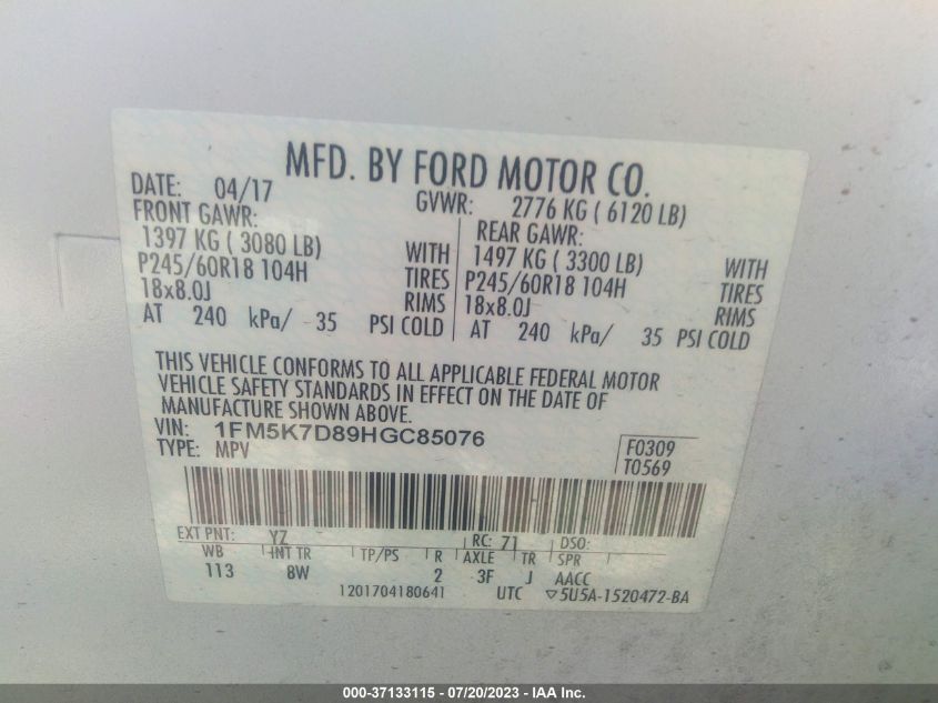2017 FORD EXPLORER XLT - 1FM5K7D89HGC85076