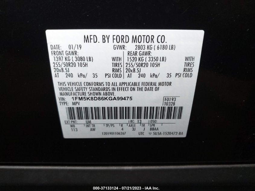 2019 FORD EXPLORER XLT - 1FM5K8D86KGA99475