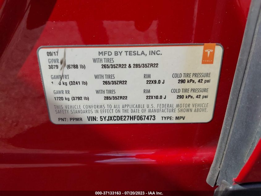 2017 TESLA MODEL X 90D/75D/100D - 5YJXCDE27HF067473