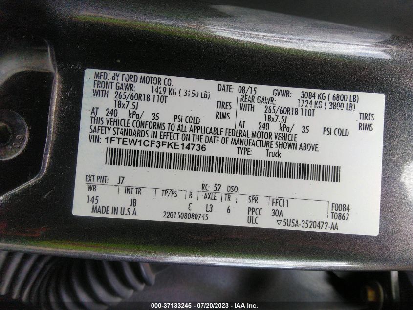 2015 FORD F-150 XL/LARIAT - 1FTEW1CF3FKE14736