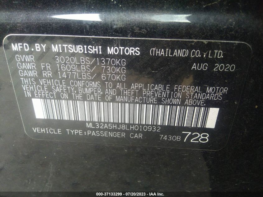 ML32A5HJ8LH010932 | 2020 MITSUBISHI MIRAGE