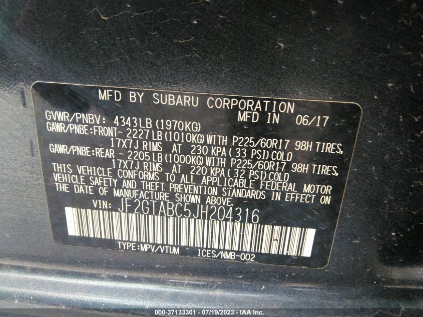 2018 SUBARU CROSSTREK PREMIUM - JF2GTABC5JH204316