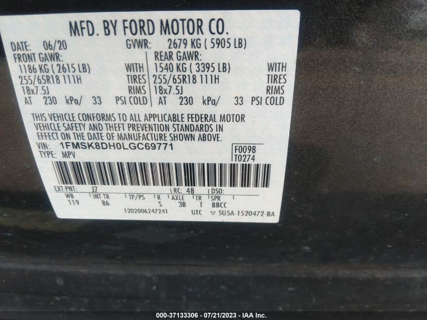 2020 FORD EXPLORER XLT - 1FMSK8DH0LGC69771