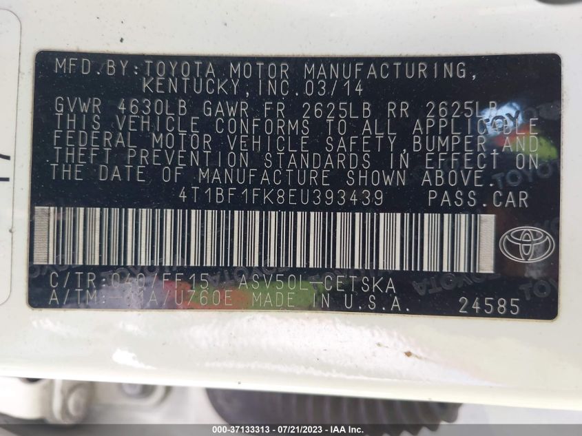 2014 TOYOTA CAMRY L/LE/XLE/SE/SE SPORT - 4T1BF1FK8EU393439