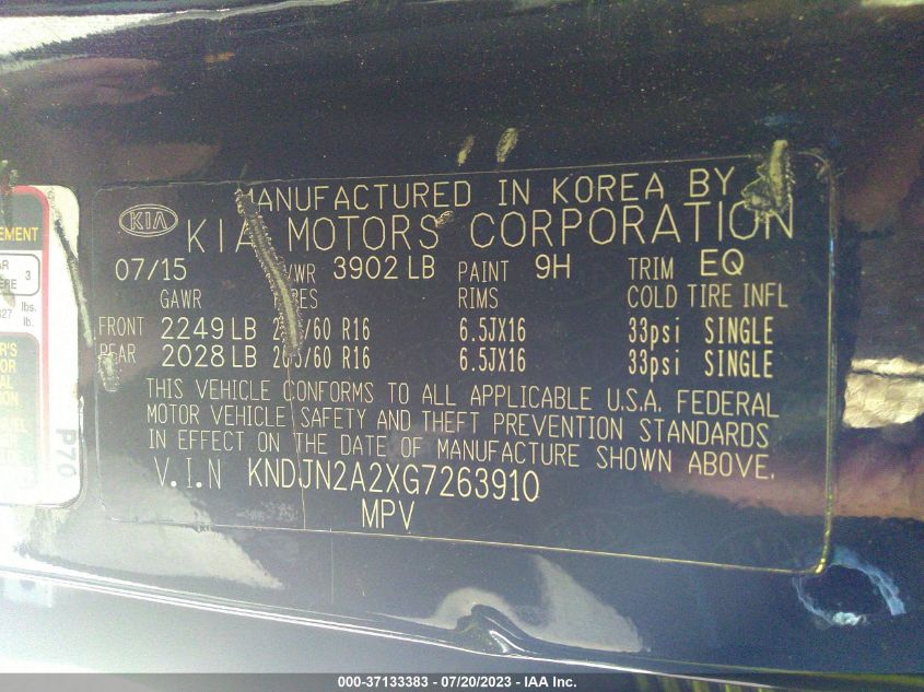 2016 KIA SOUL BASE - KNDJN2A2XG7263910