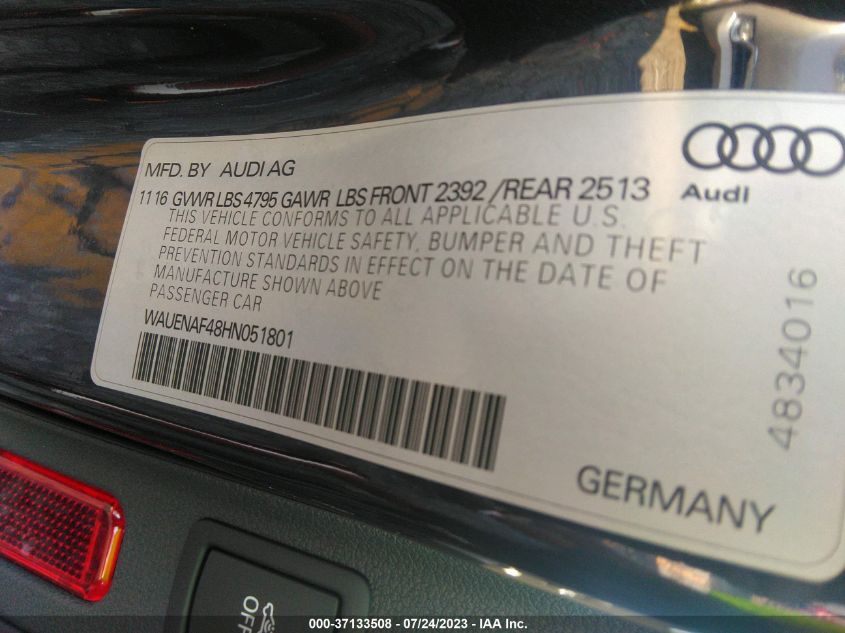 2017 AUDI A4 PREMIUM PLUS - WAUENAF48HN051801