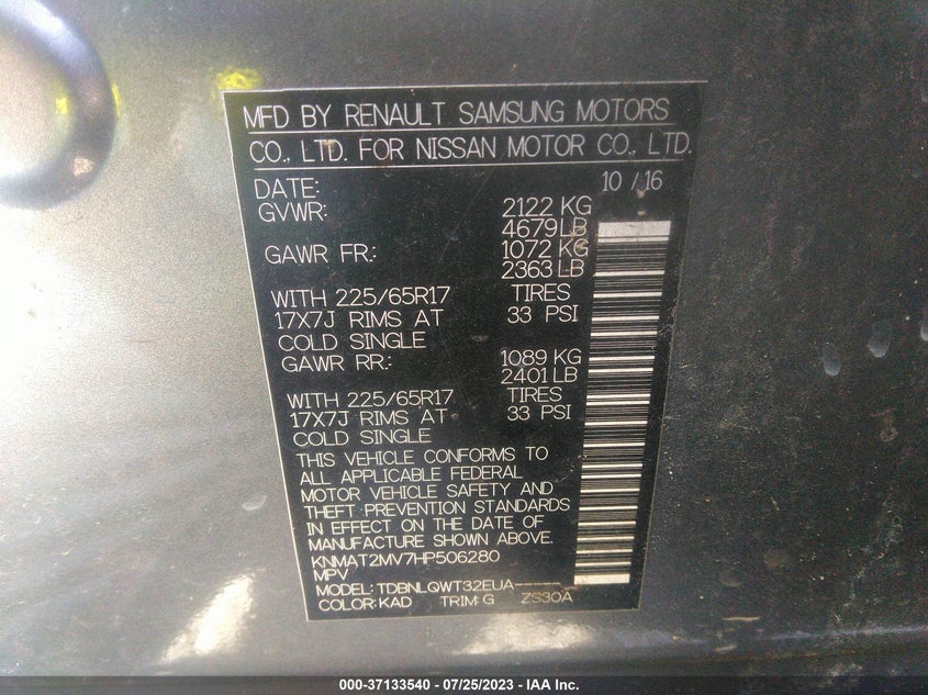 VIN KNMAT2MV7HP506280 2017 NISSAN ROGUE SV