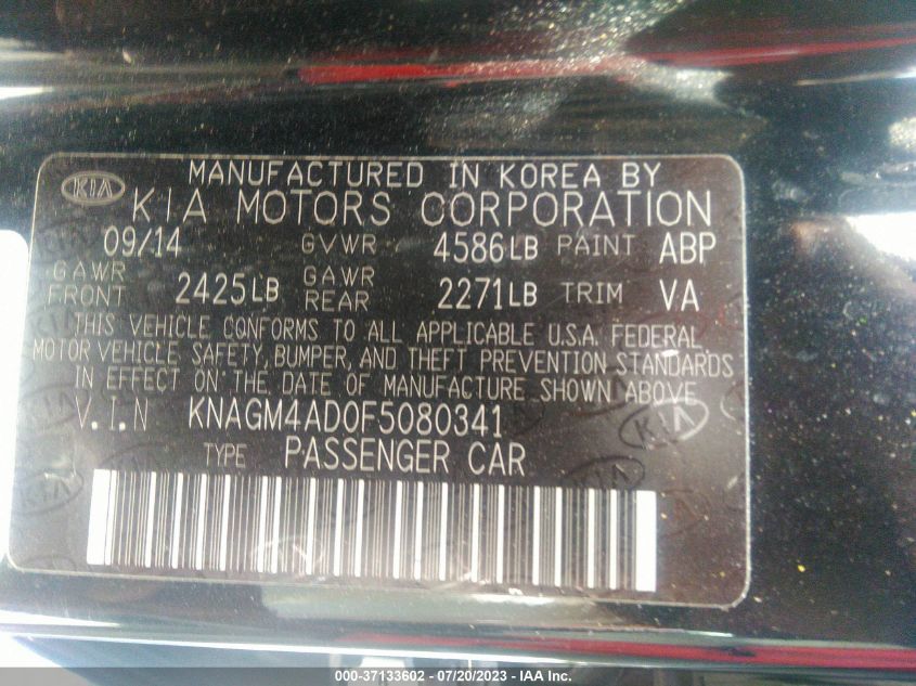 2015 KIA OPTIMA HYBRID - KNAGM4AD0F5080341
