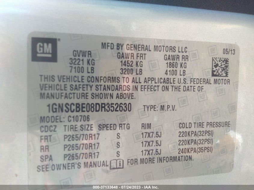 2013 CHEVROLET TAHOE C1500 LT - 1GNSCBE08DR352630