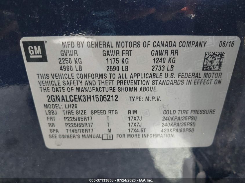 2017 CHEVROLET EQUINOX LT - 2GNALCEK3H1506212