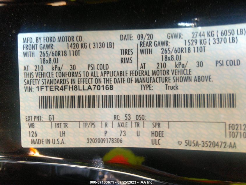 2020 FORD RANGER XL/XLT/LARIAT - 1FTER4FH8LLA70168