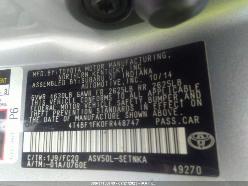 2015 TOYOTA CAMRY XLE/SE/LE/XSE - 4T4BF1FK0FR448747