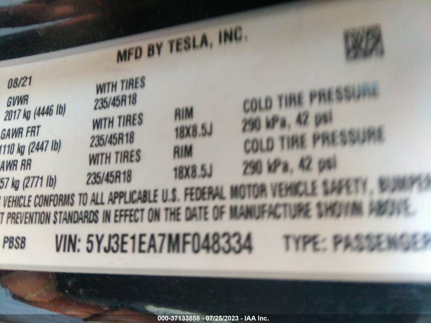 2021 TESLA MODEL 3 - 5YJ3E1EA7MF048334