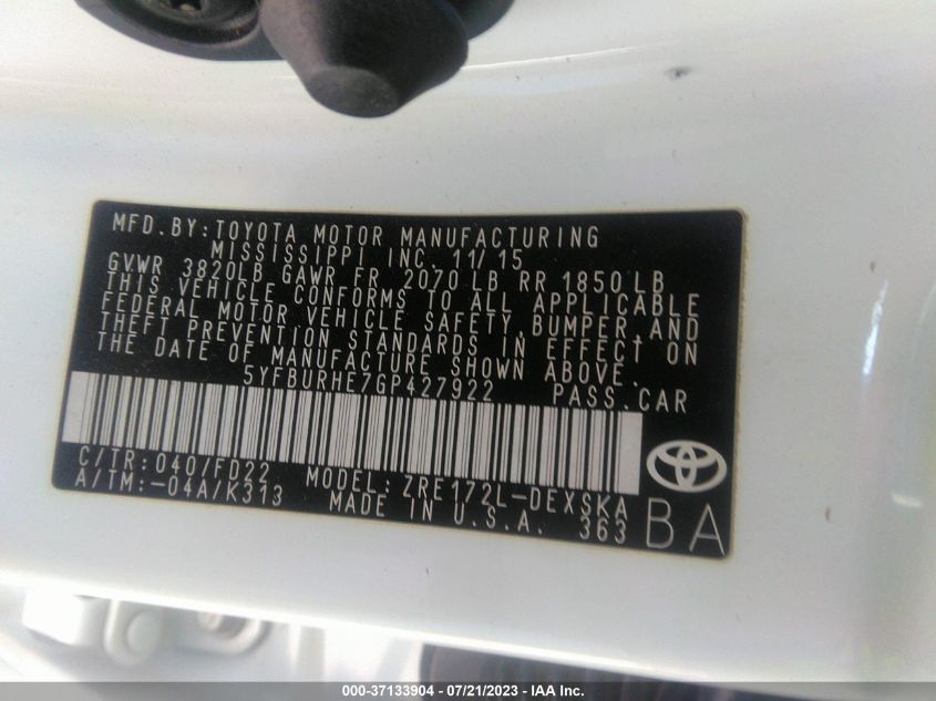 2016 TOYOTA COROLLA L/LE/S/S PLUS/LE PLUS - 5YFBURHE7GP427922