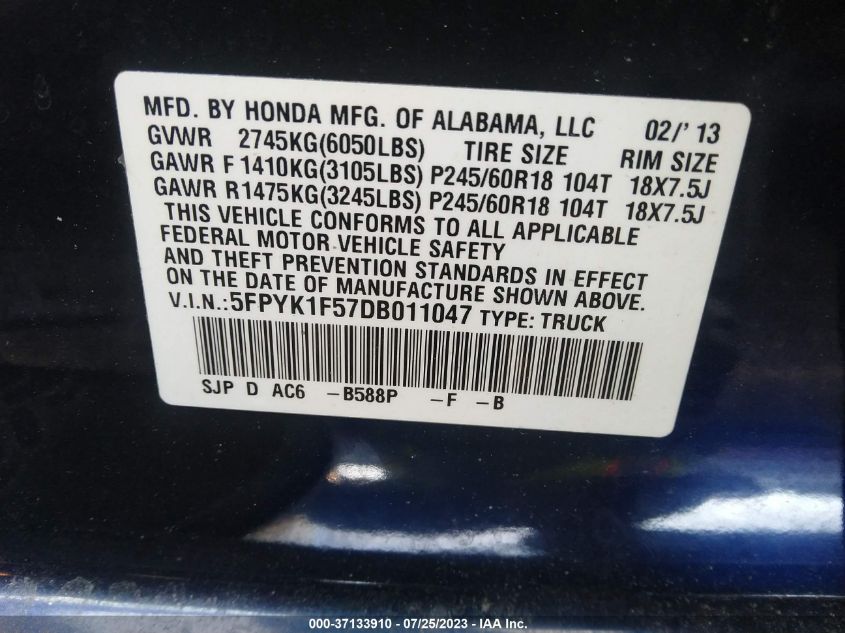 2013 HONDA RIDGELINE RTL - 5FPYK1F57DB011047