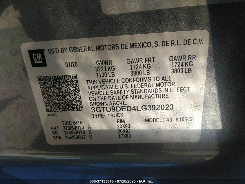 2020 GMC SIERRA 1500 SLT - 3GTU9DED4LG392023