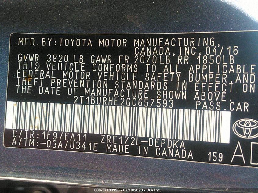 2016 TOYOTA COROLLA L/LE/S/S PLUS/LE PLUS - 2T1BURHE2GC657593
