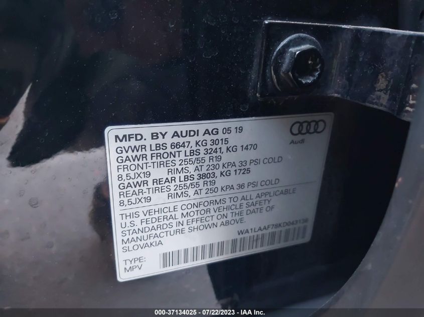 2019 AUDI Q7 PREMIUM PLUS/SE PREMIUM P - WA1LAAF78KD043138