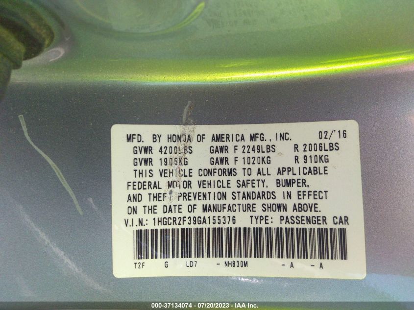 2016 HONDA ACCORD SEDAN LX - 1HGCR2F39GA155376