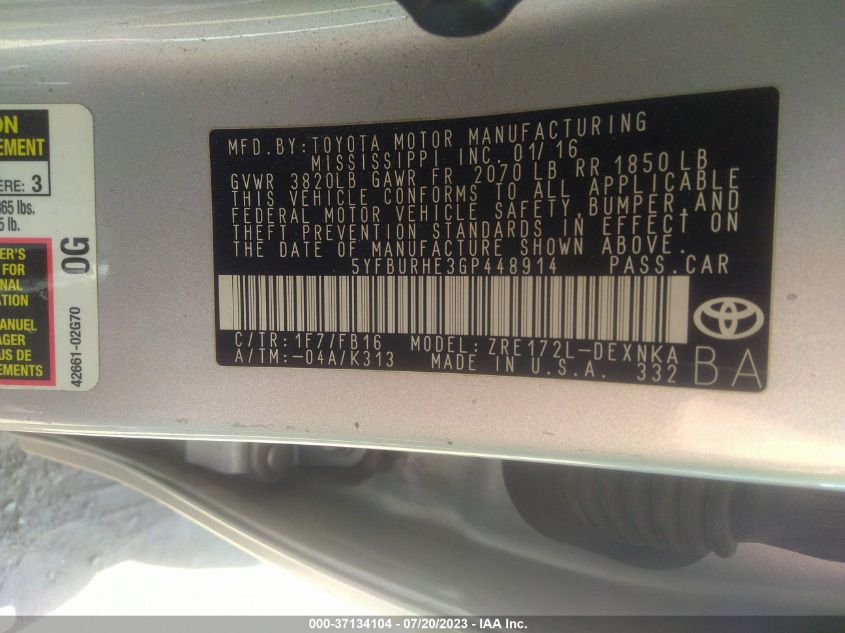 2016 TOYOTA COROLLA L/LE/S/S PLUS/LE PLUS - 5YFBURHE3GP448914
