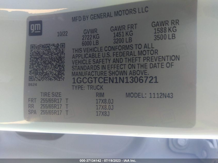 2022 CHEVROLET COLORADO 4WD LT - 1GCGTCEN1N1306721