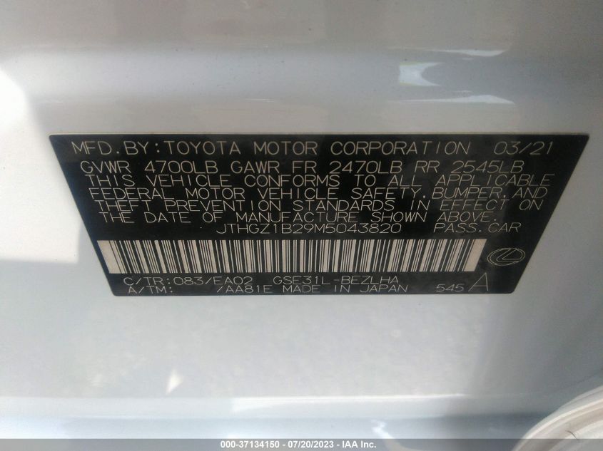2021 LEXUS IS IS 350 F SPORT - JTHGZ1B29M5043820