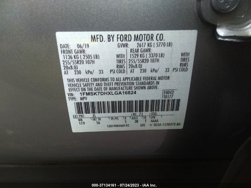 2020 FORD EXPLORER XLT - 1FMSK7DHXLGA16824
