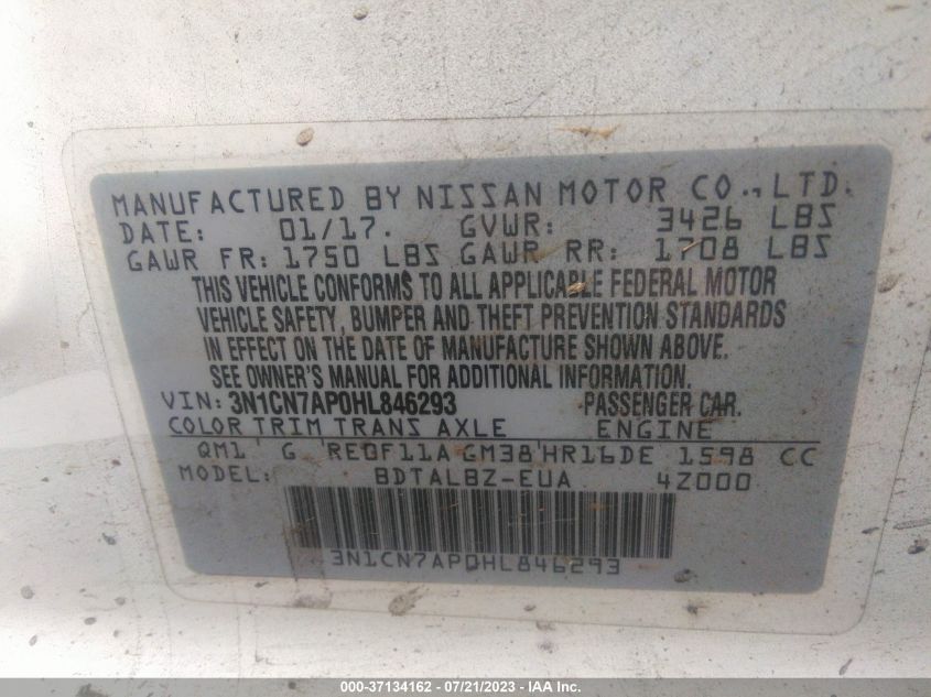 2017 NISSAN VERSA SEDAN SV - 3N1CN7AP0HL846293