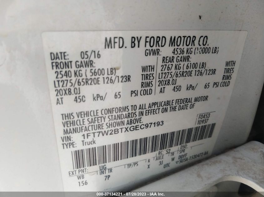 2016 FORD SUPER DUTY F-250 SRW LARIAT/PLATINUM - 1FT7W2BTXGEC97193